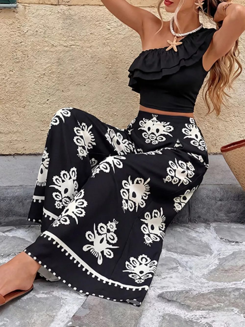 One-Shoulder Ruffled Crop Top and Wide-Leg Printed Pants Set, image 5