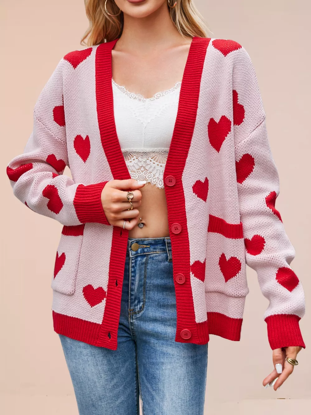 Heart Pattern Button-Up Knit Cardigan, image 2