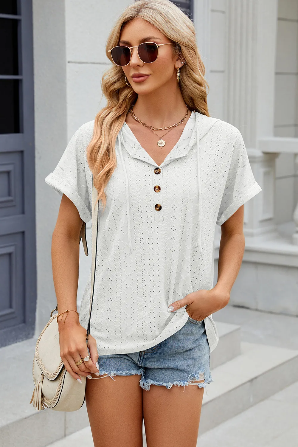 Eyelet Drawstring Hooded Short Sleeve Blouse, image 14