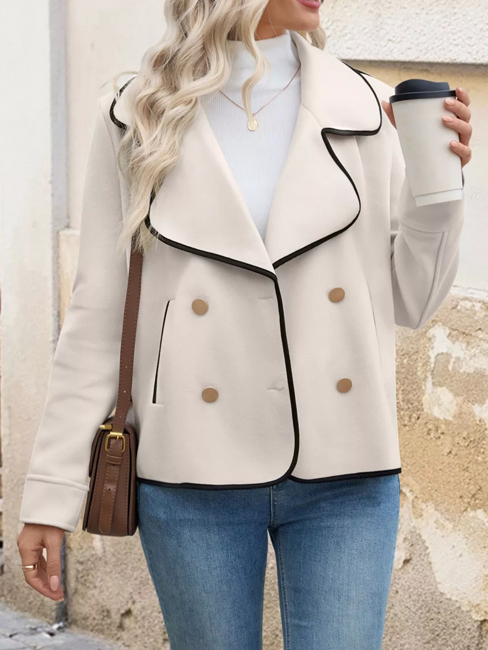 Contrast Trim Double-Breasted Jacket, image 2