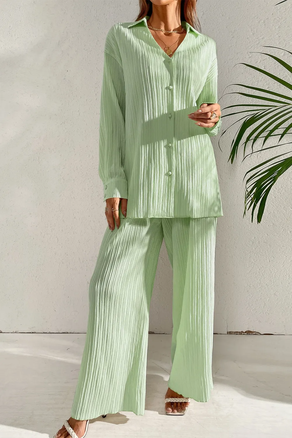 Johnny Collar Button Down Top and Pants Set, image 2