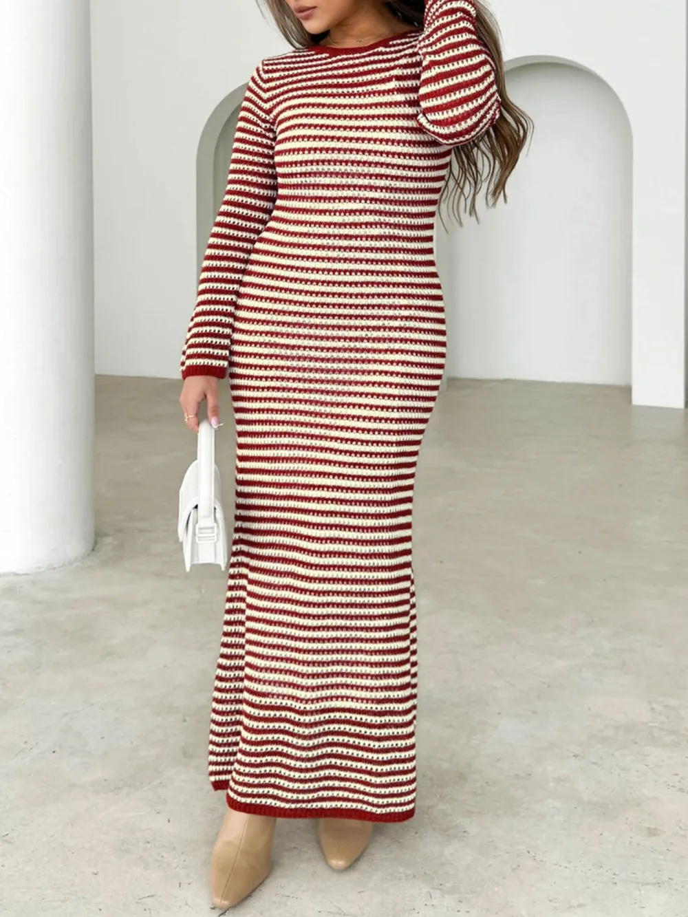 Tied Round Neck Striped Sweater Dress, image 11