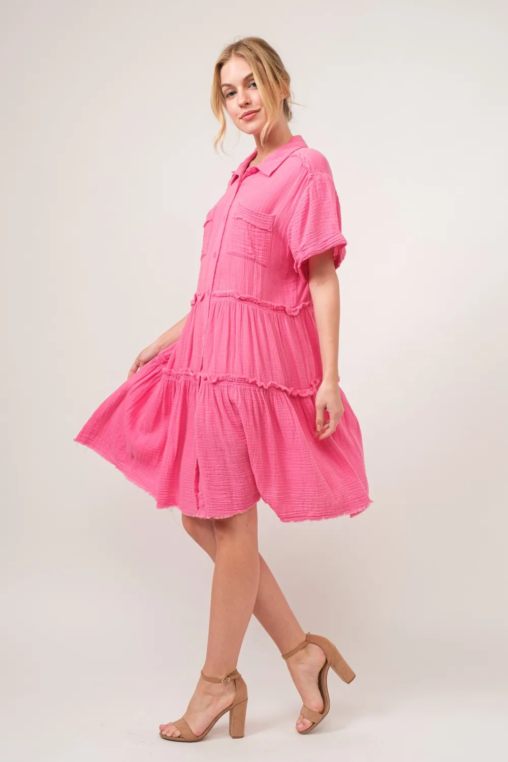 Full Size Raw Edge Washed Tiered Shirt Dress, image 2
