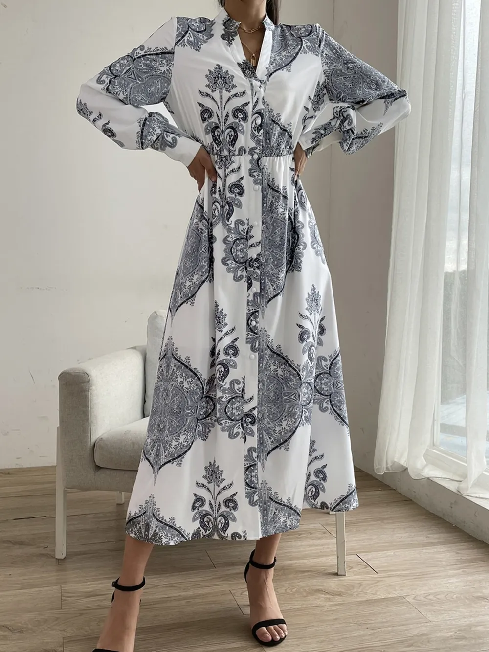 Printed Notched Lantern Sleeve Midi Dress, image 2