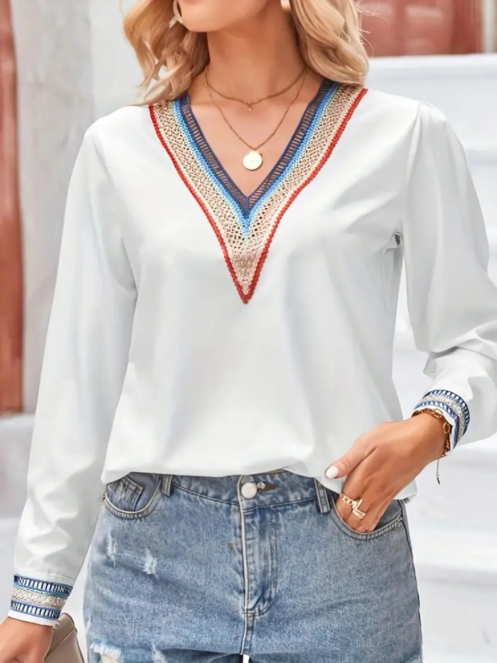 Contrast V-Neck Long Sleeve Blouse, image 6
