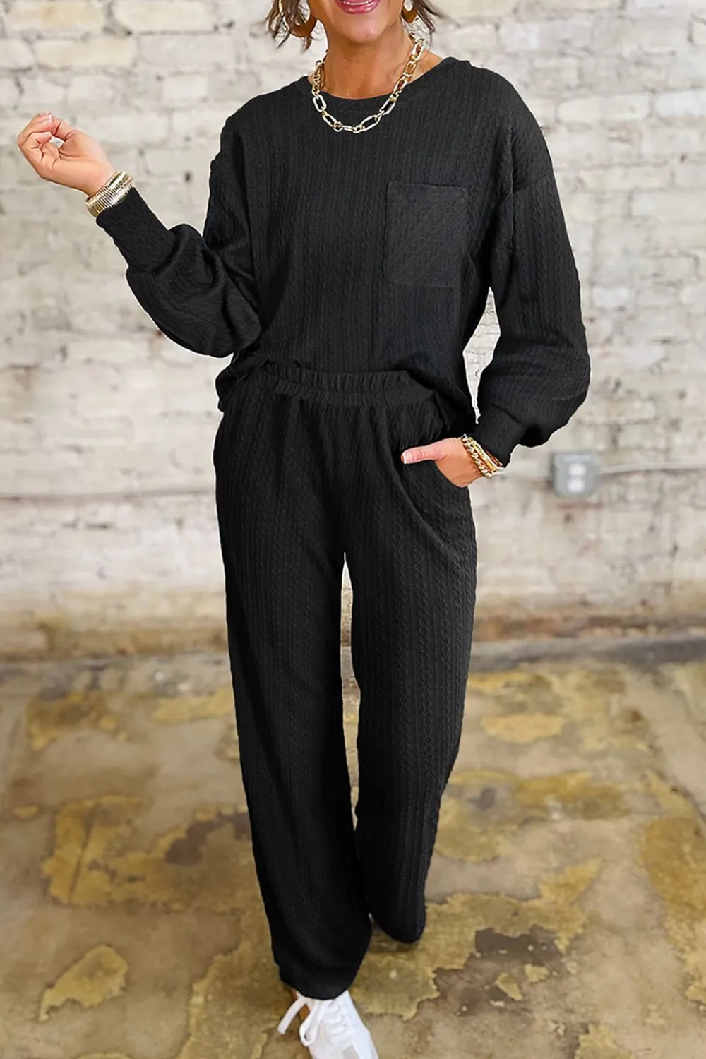 Round Neck Top and Pants Set, image 2