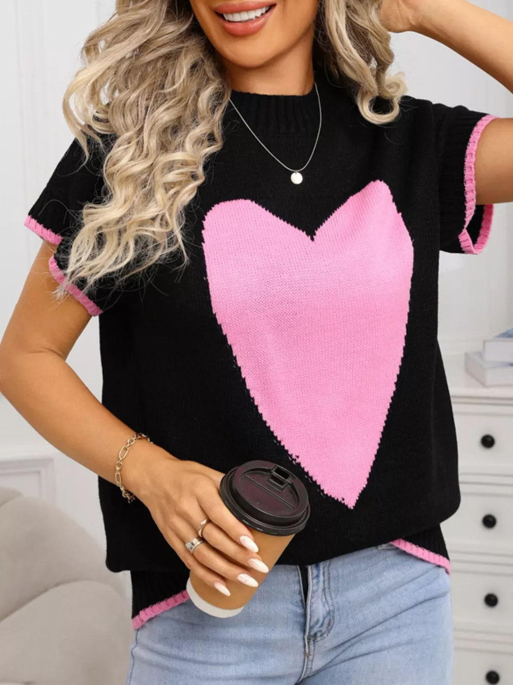 Valentine's Day Heart Graphic Short Sleeve Sweater, image 8