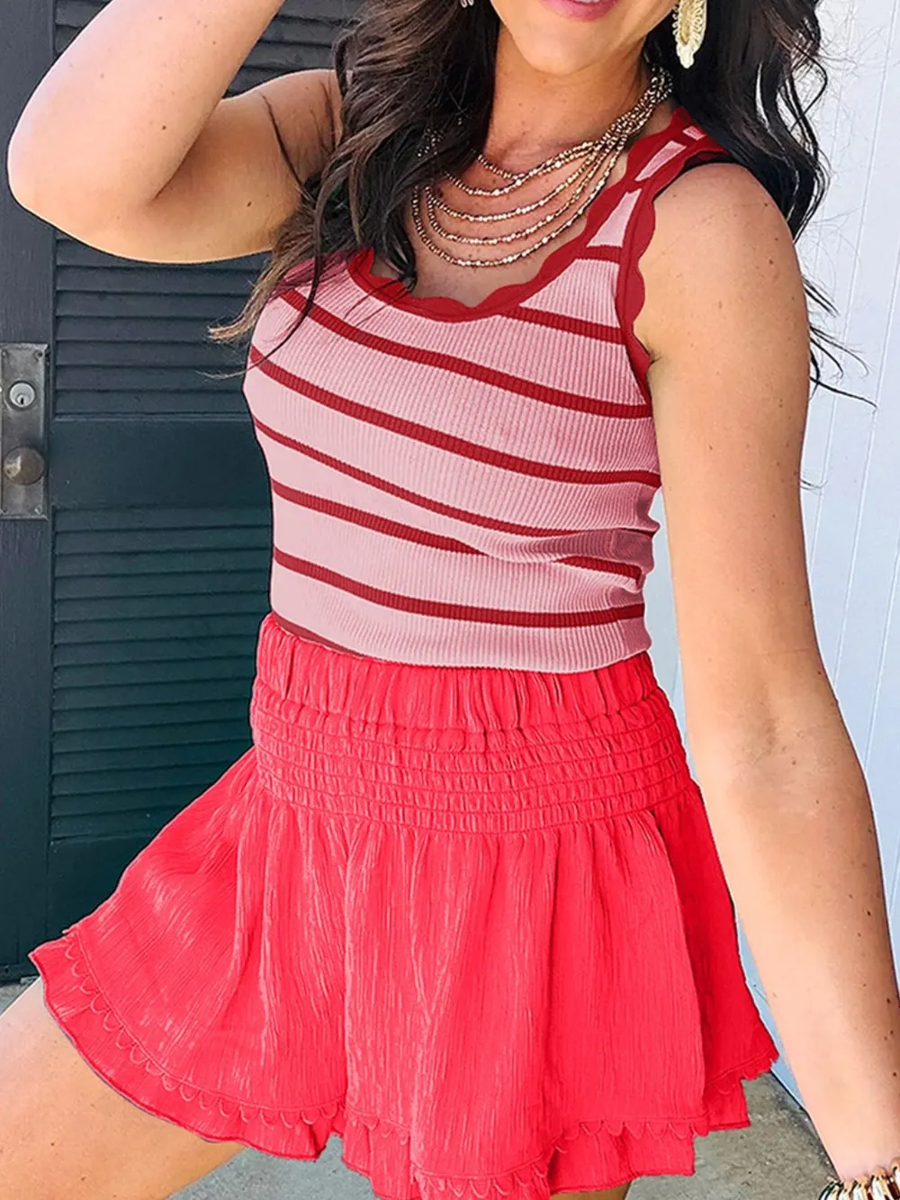 Stripe Scalloped Edge Crew Neck Knit Tank Top, image 2