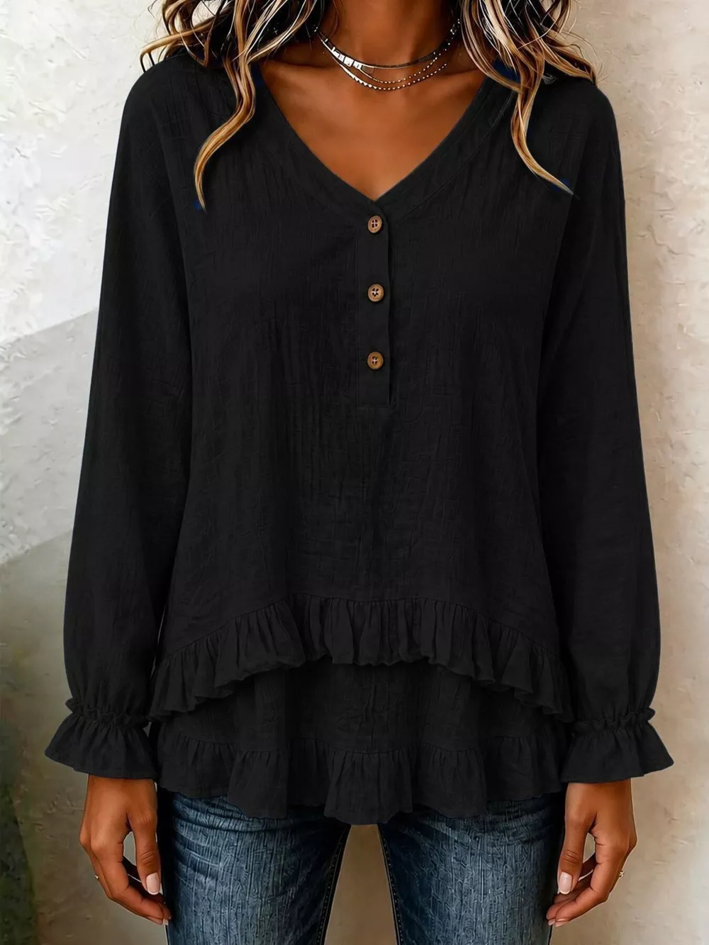 V-Neck Long Sleeve Button Detail Ruffled Hem Blouse