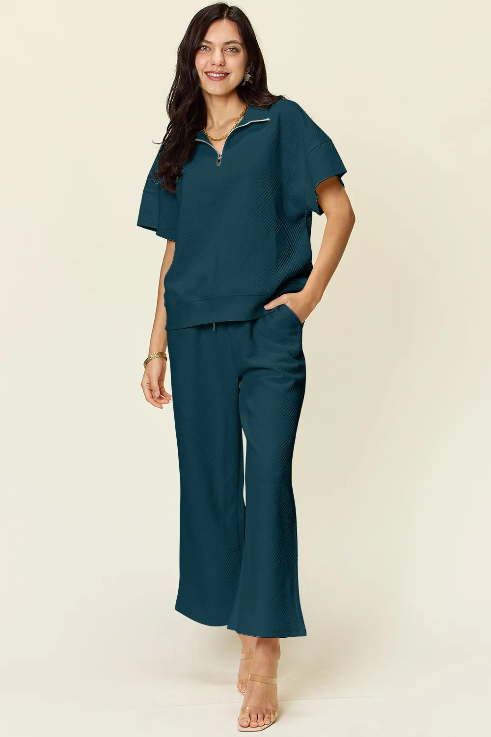 Full Size Texture Half Zip Short Sleeve Top and Pants Set, image 5