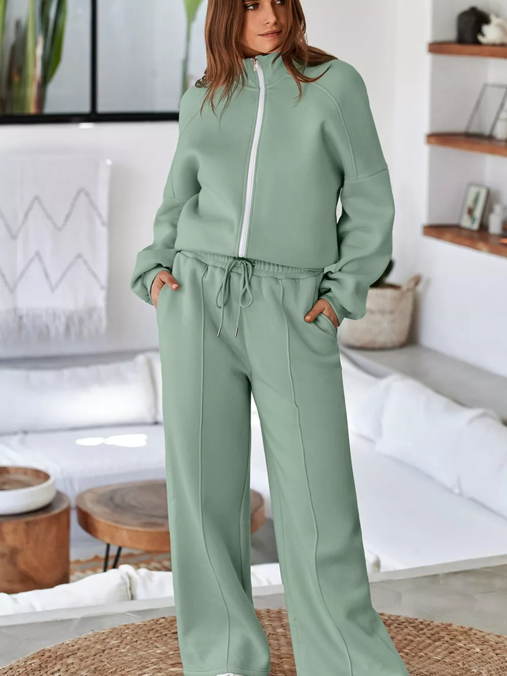 Drop Shoulder Zip Up Jacket and Drawstring Pants Active 2pcs Set, image 3