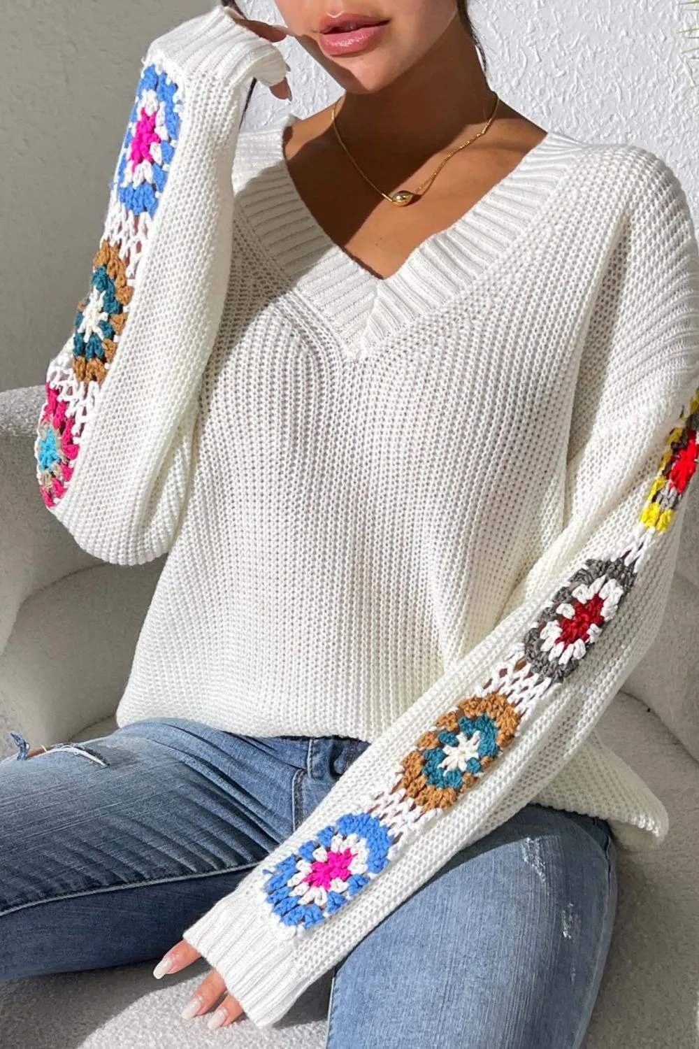 Crochet Flower V-Neck Sweater, image 9