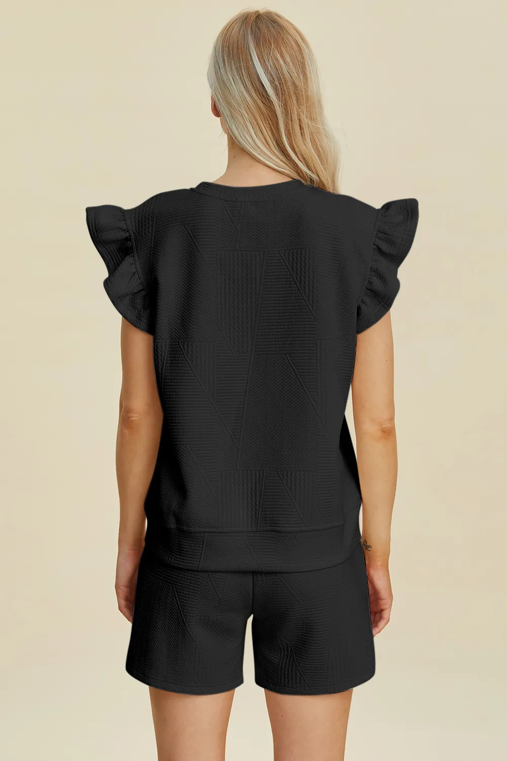 Full Size Texture Round Neck Ruffle Sleeve Top and Shorts Set, image 6