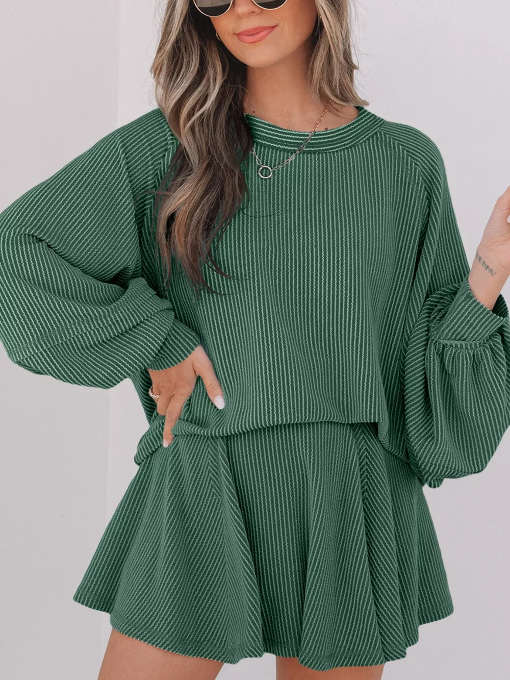 Corded Lantern Sleeve Top and High Waist Mini Skirt Set, image 2