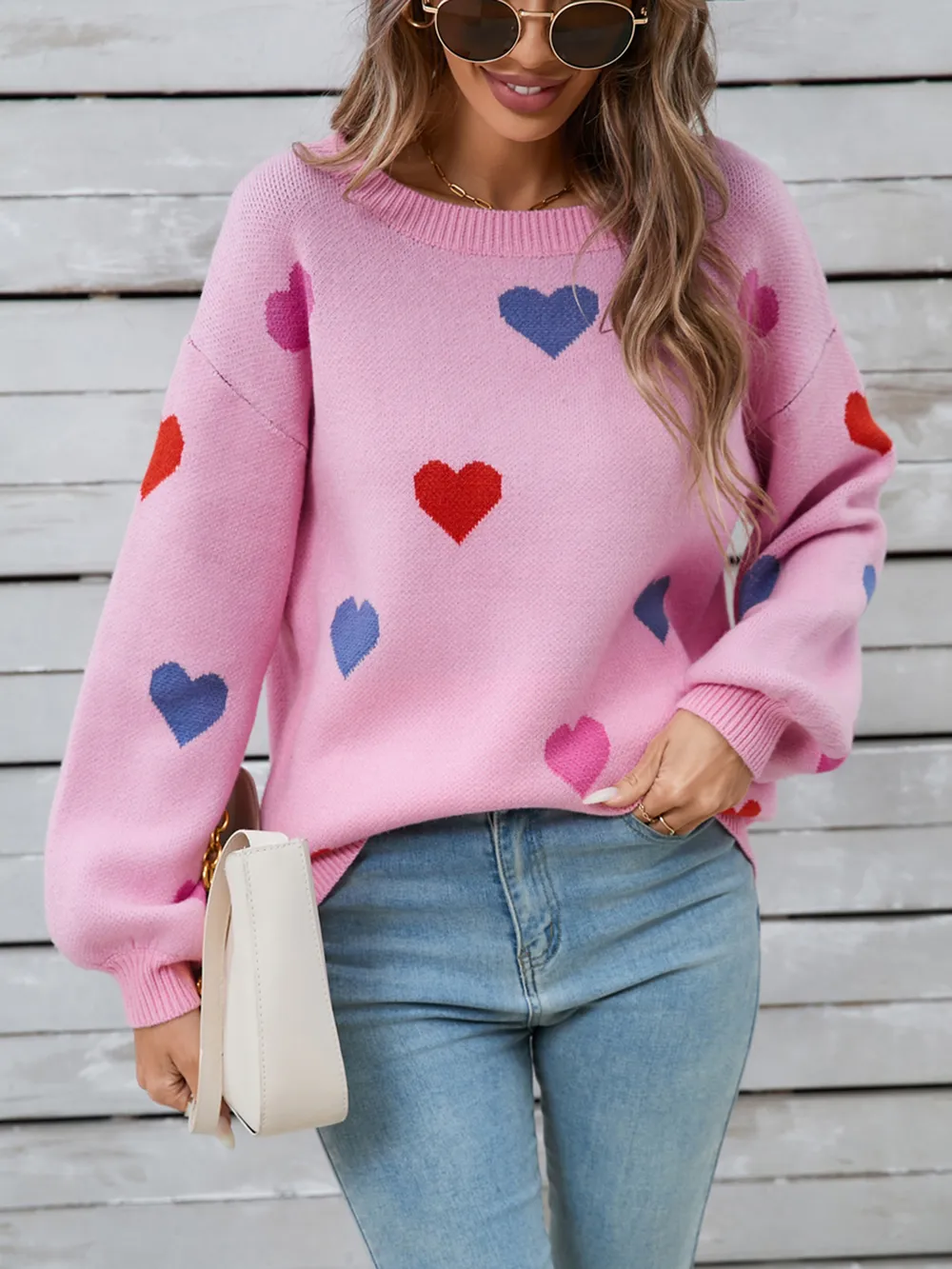 Heart Round Neck Long Sleeve Sweater, image 2