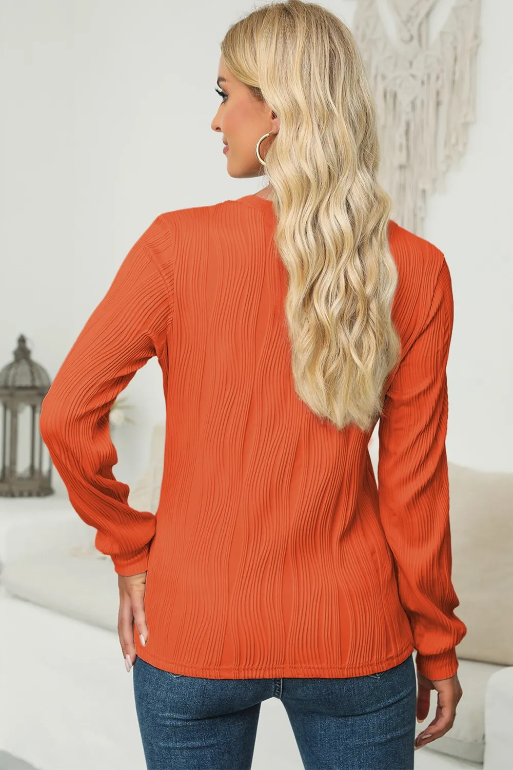 Textured Round Neck Long Sleeve Blouse, image 6