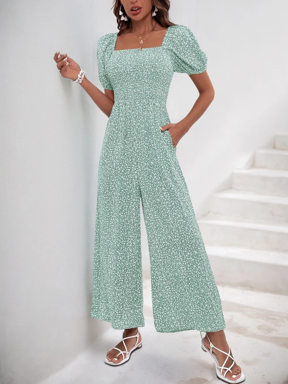 Printed Square Neck Puff Sleeve Jumpsuit, image 4