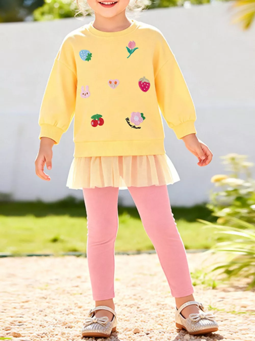 Children's Applique Sweatshirt and Leggings Two-Piece Set with Tulle Hem