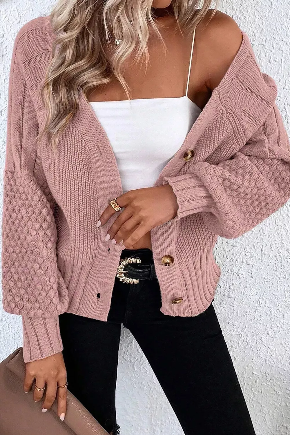 Mixed Texture Knit Button V Neck Sweater Cardigan, image 2