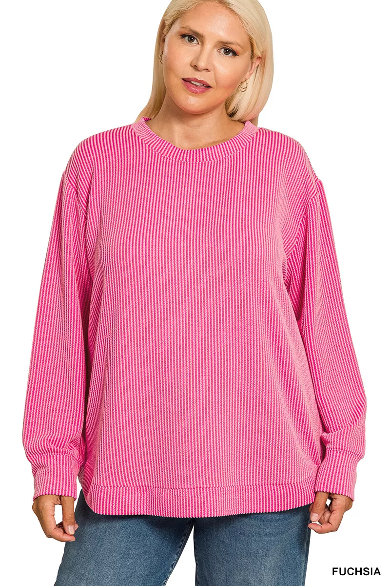 Full Size Raised Rib Round Neck Long Sleeve Top Plus Size, image 2