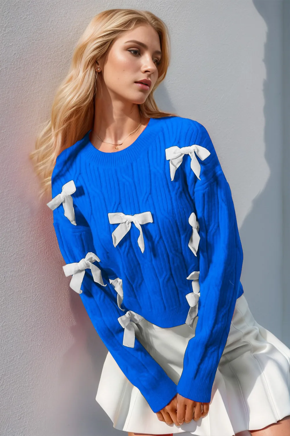 Full Size Bow Cable-Knit Round Neck Sweater, image 2