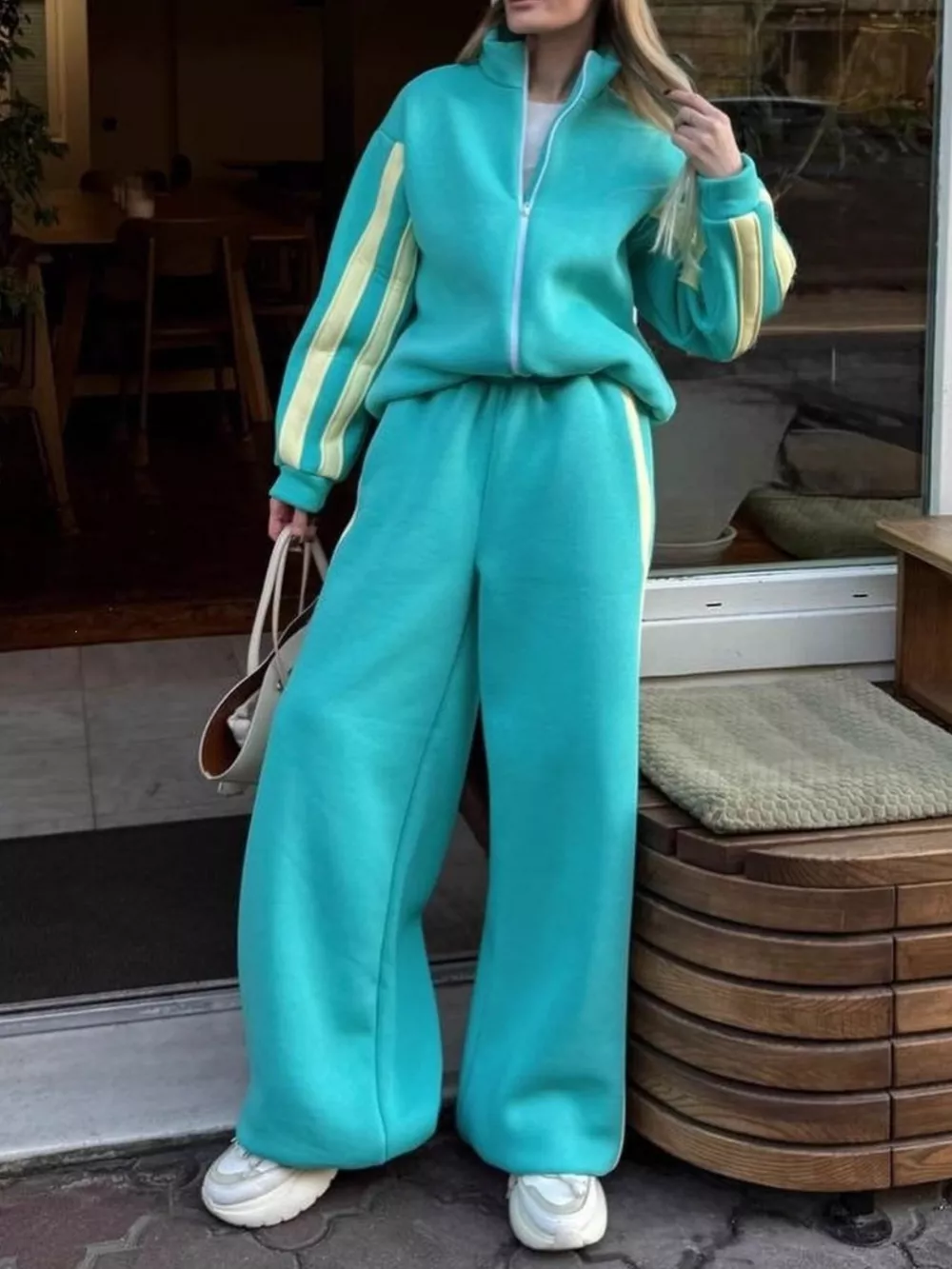 Contrast Striped Zip Up Top and Pants Set, image 2