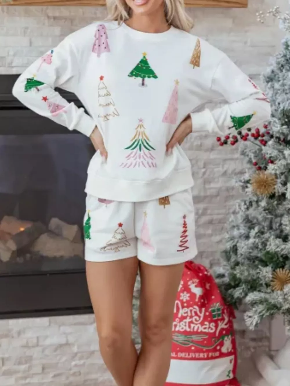 Christmas Tree Round Neck Top and Shorts Set, image 2
