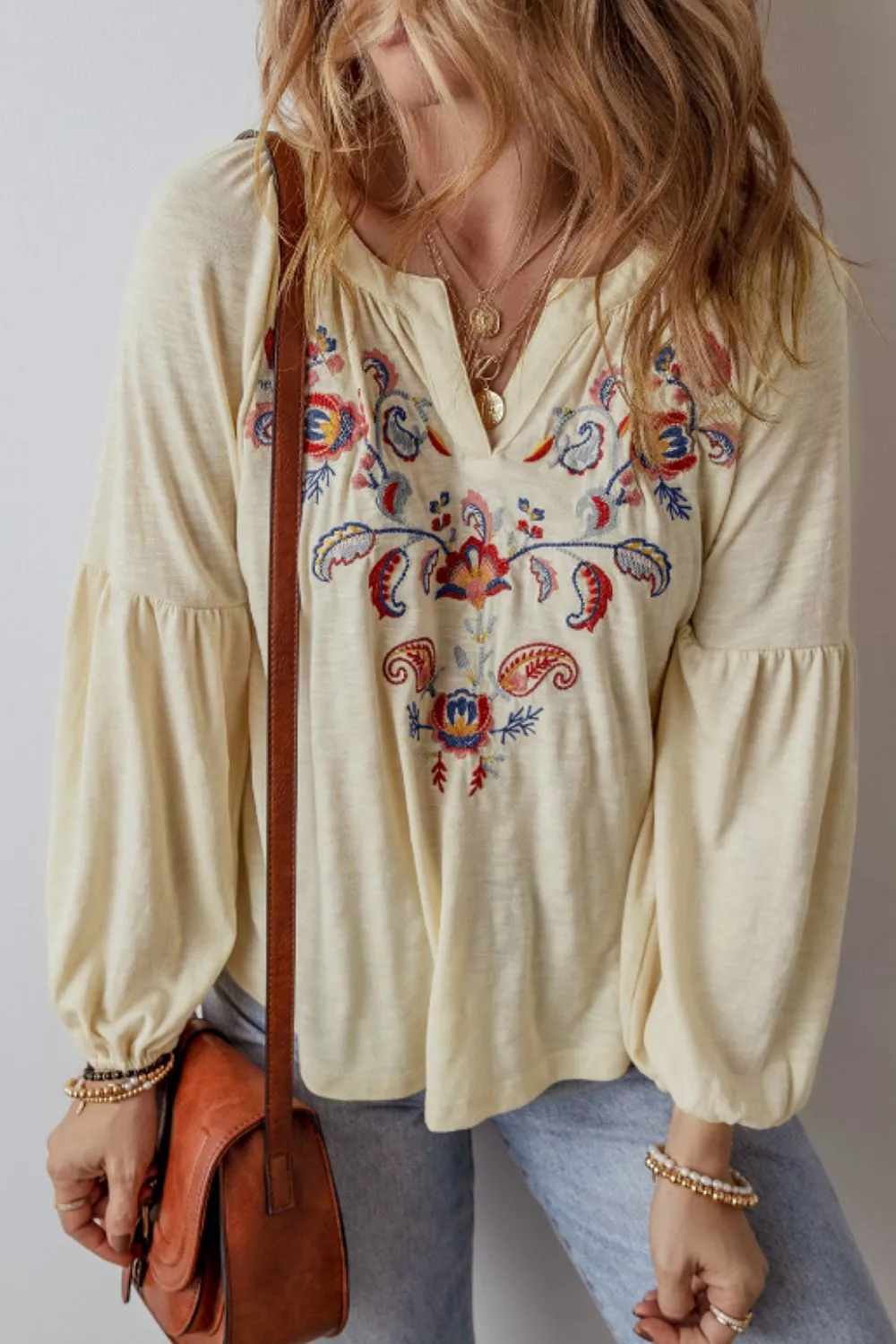 Embroidered Notched Long Sleeve Blouse, image 2