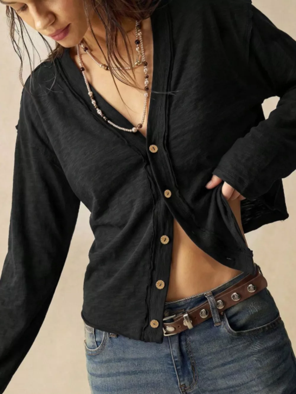 Exposed Seam Long Sleeve Shirt with Two Way to Wear, image 5