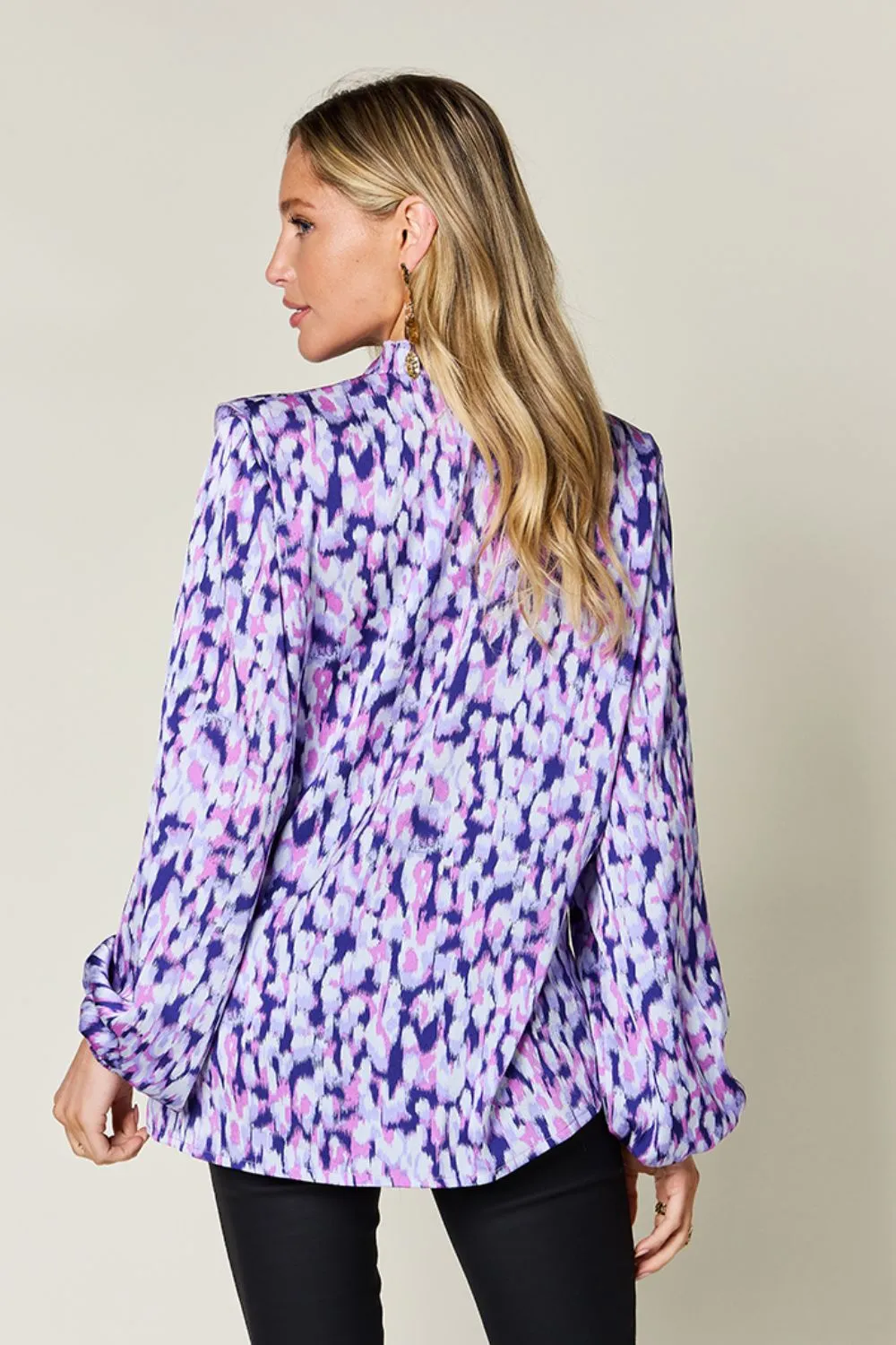 Full Size Printed Ruffle Trim Balloon Sleeve Shirt, image 3