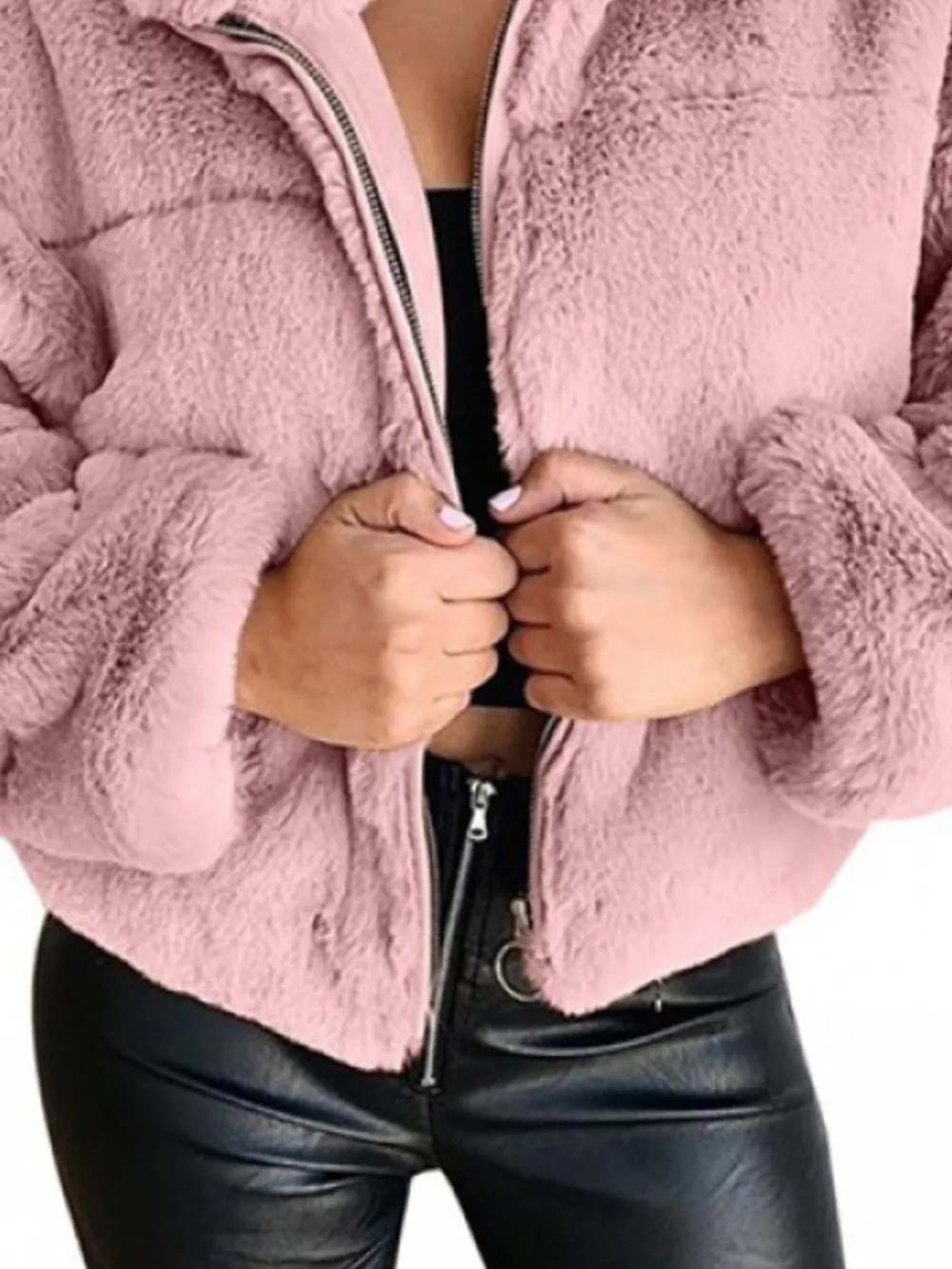 Full Size Faux Fur Cropped Zip-Up Jacket Plus Size, image 15