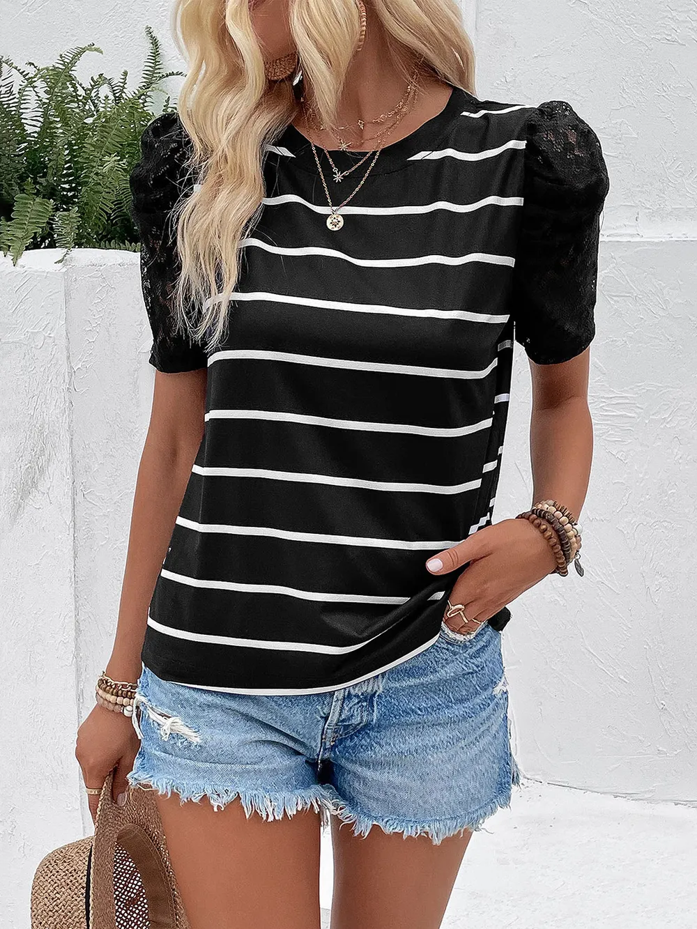 Striped Lace Detail Short Sleeve T-Shirt, image 2