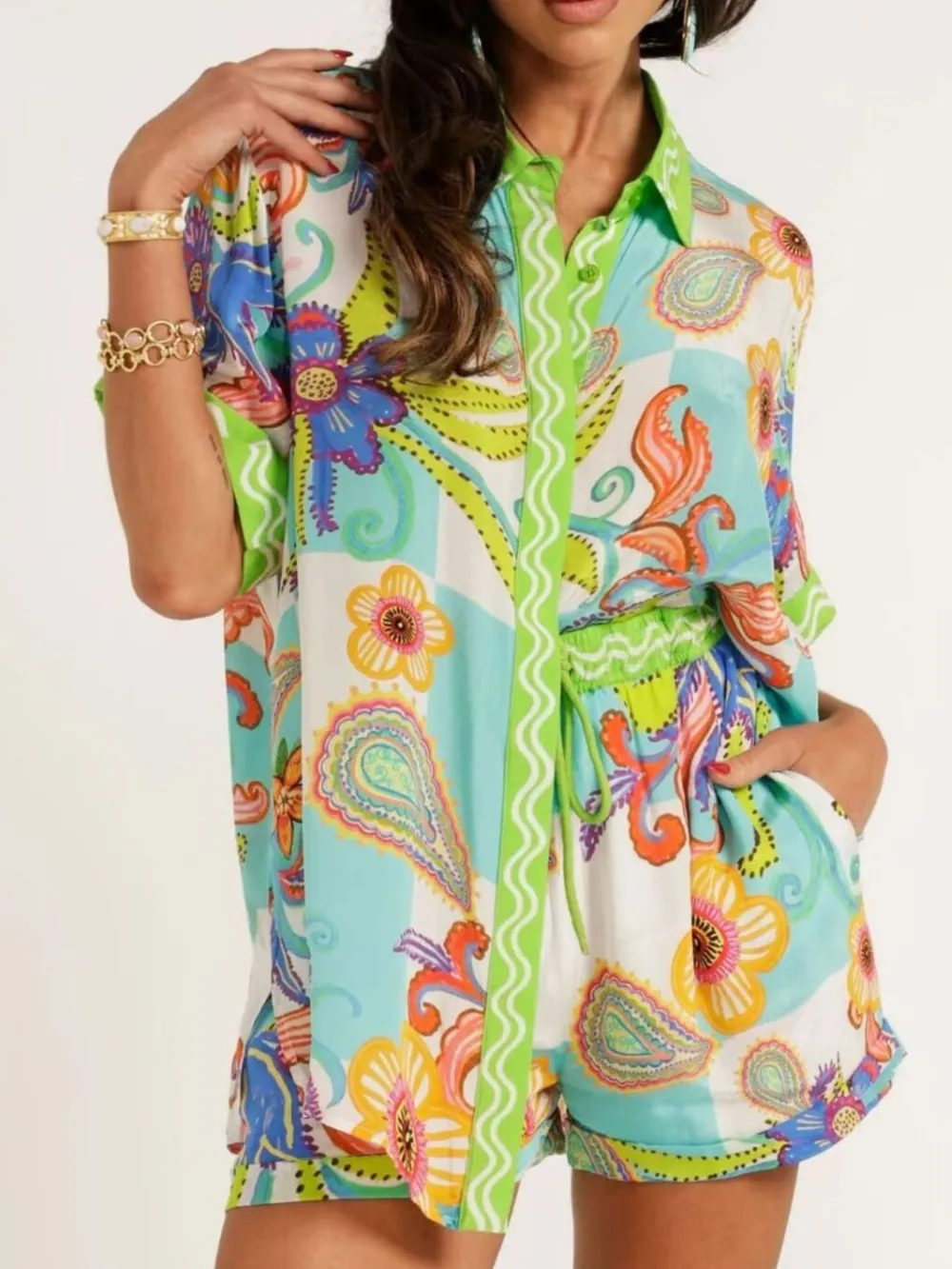 Printed Button Up Shirt and Shorts Set, image 6
