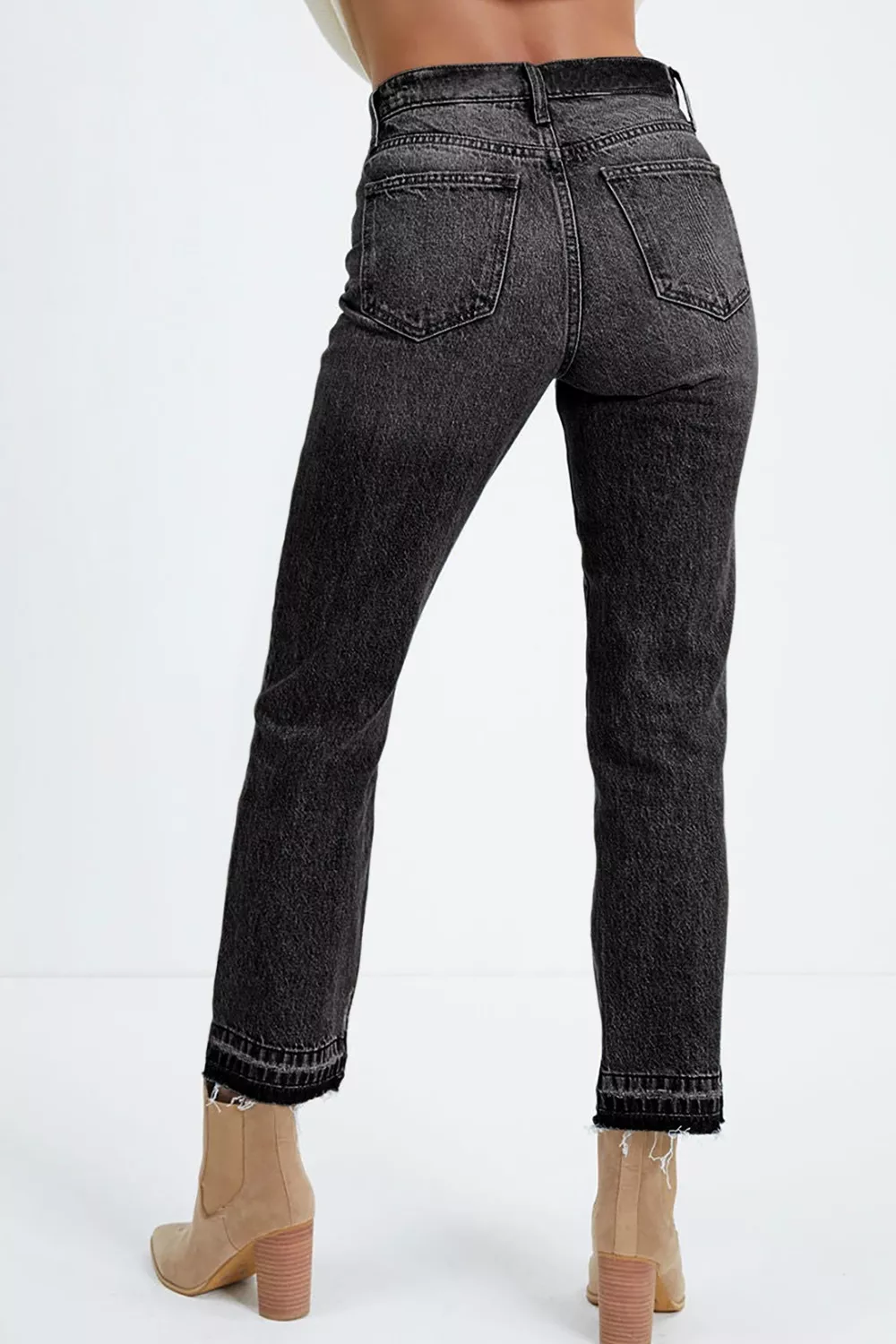 High-Waisted Distressed Hem Straight Leg Jeans, image 2