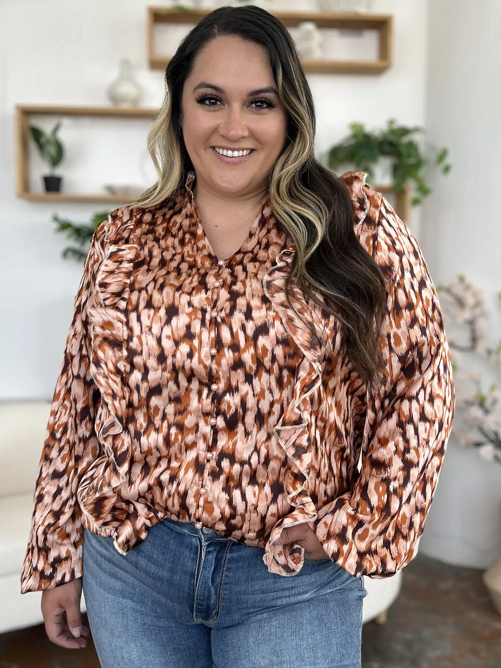 Full Size Printed Ruffle Trim Balloon Sleeve Shirt, image 4