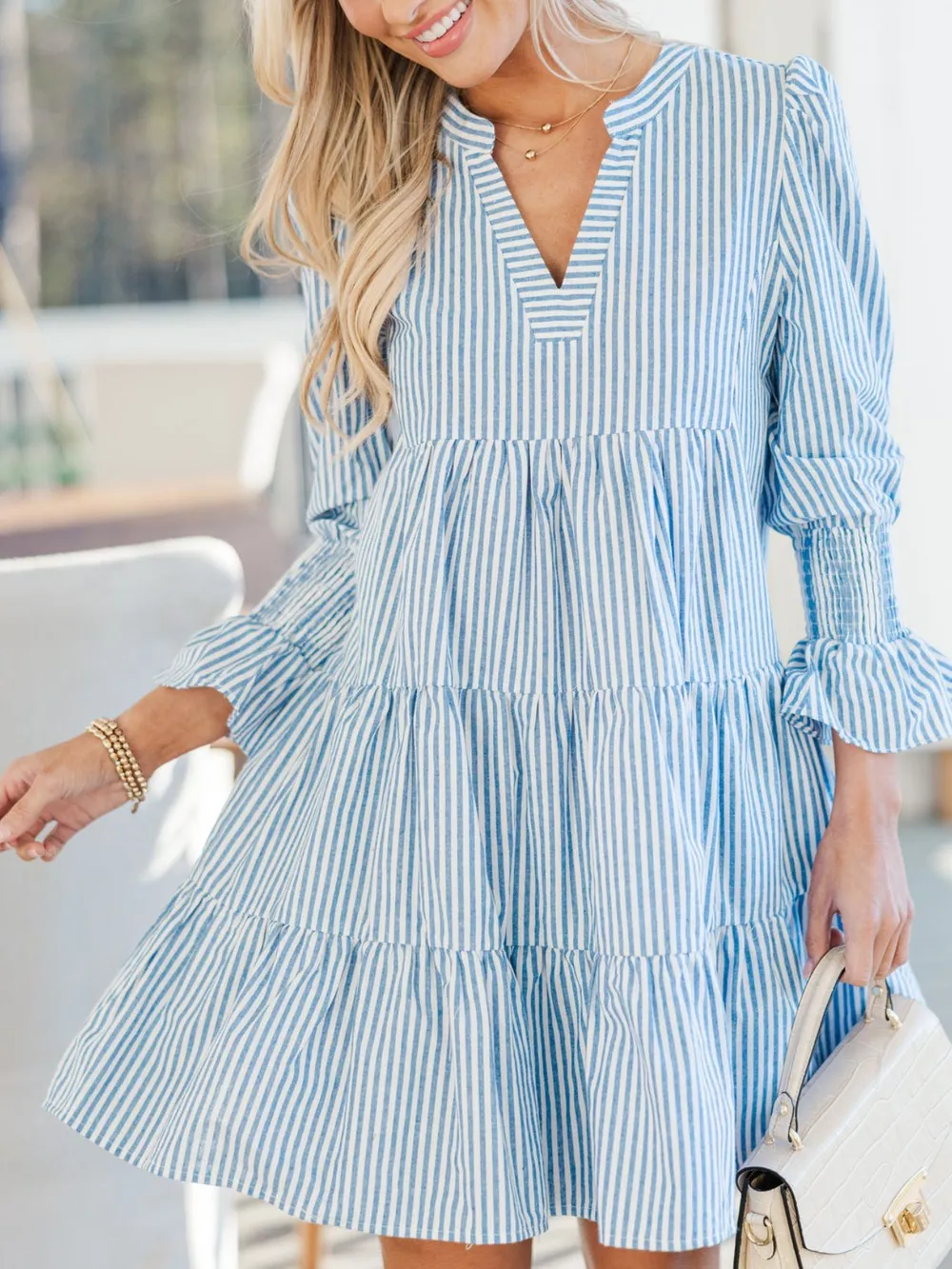 Striped Tiered Flounce Sleeve Shirt Dress, image 2