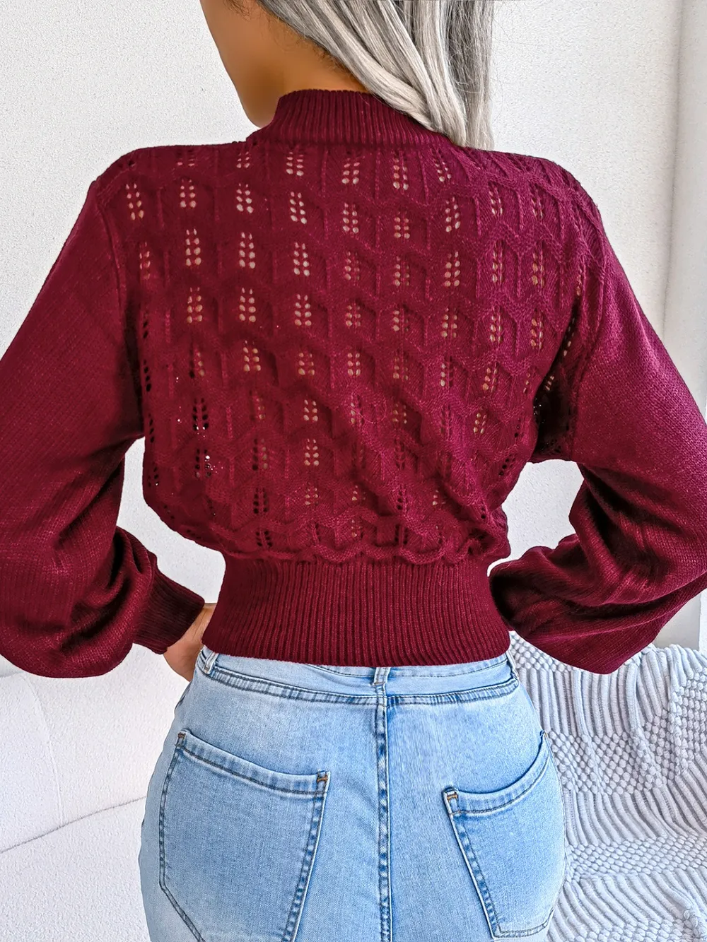 Openwork Mock Neck Long Sleeve Cropped Sweater, image 4
