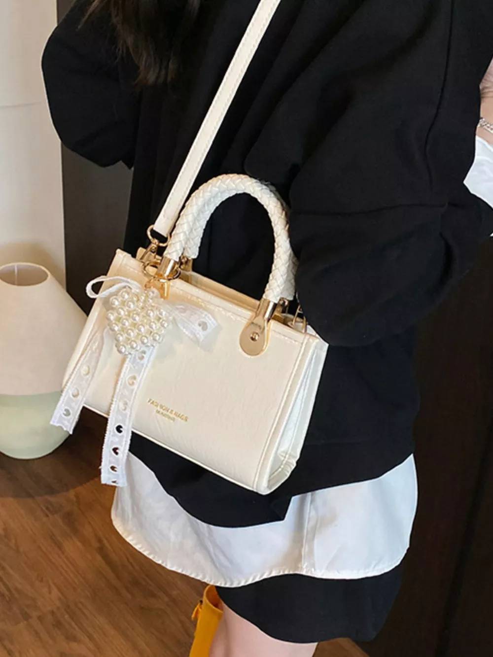 Braided Handle Pearl Decor Crossbody Bag, image 7