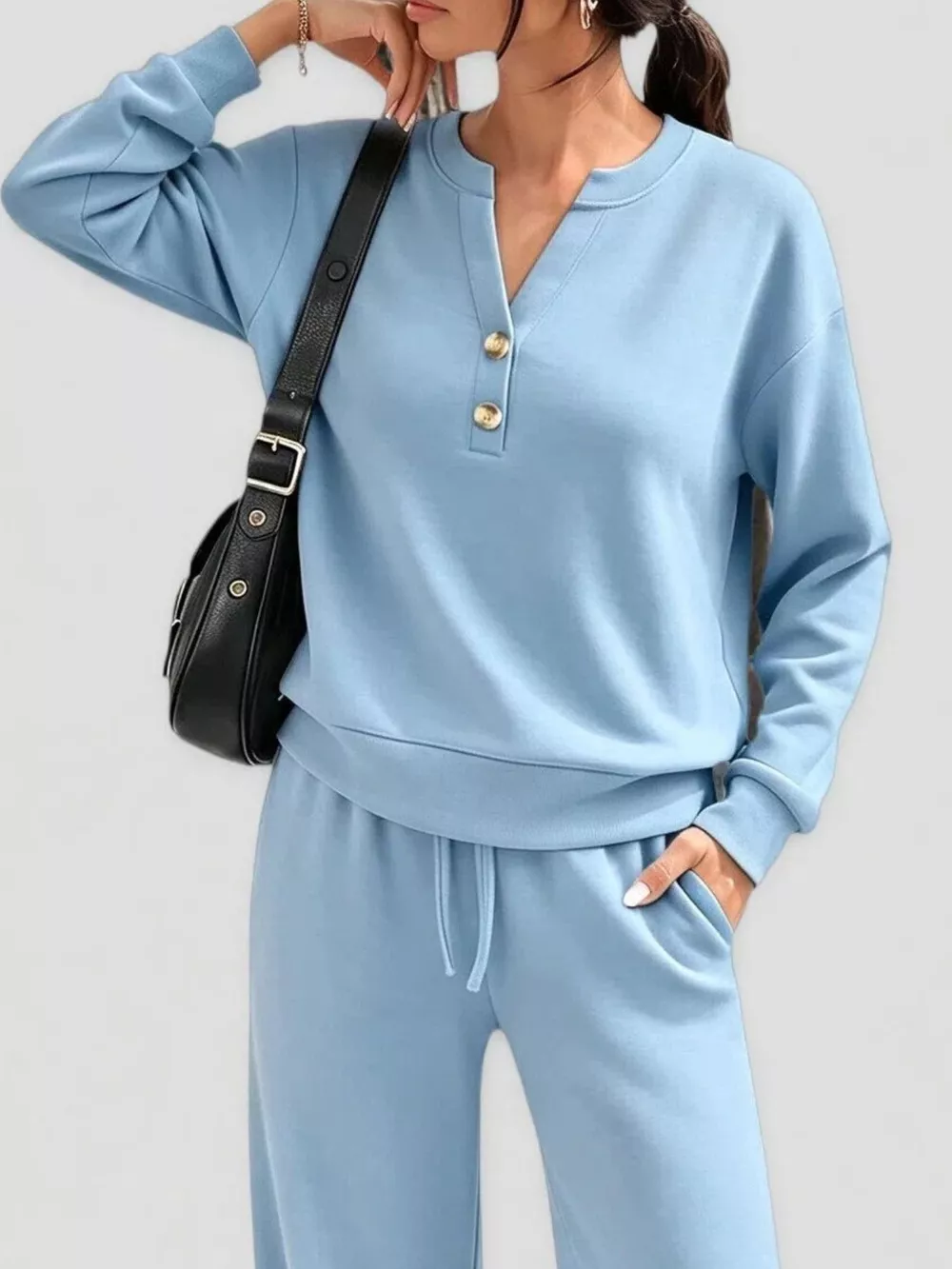 Button Detail Dropped Shoulder Top and Pants Set, image 13