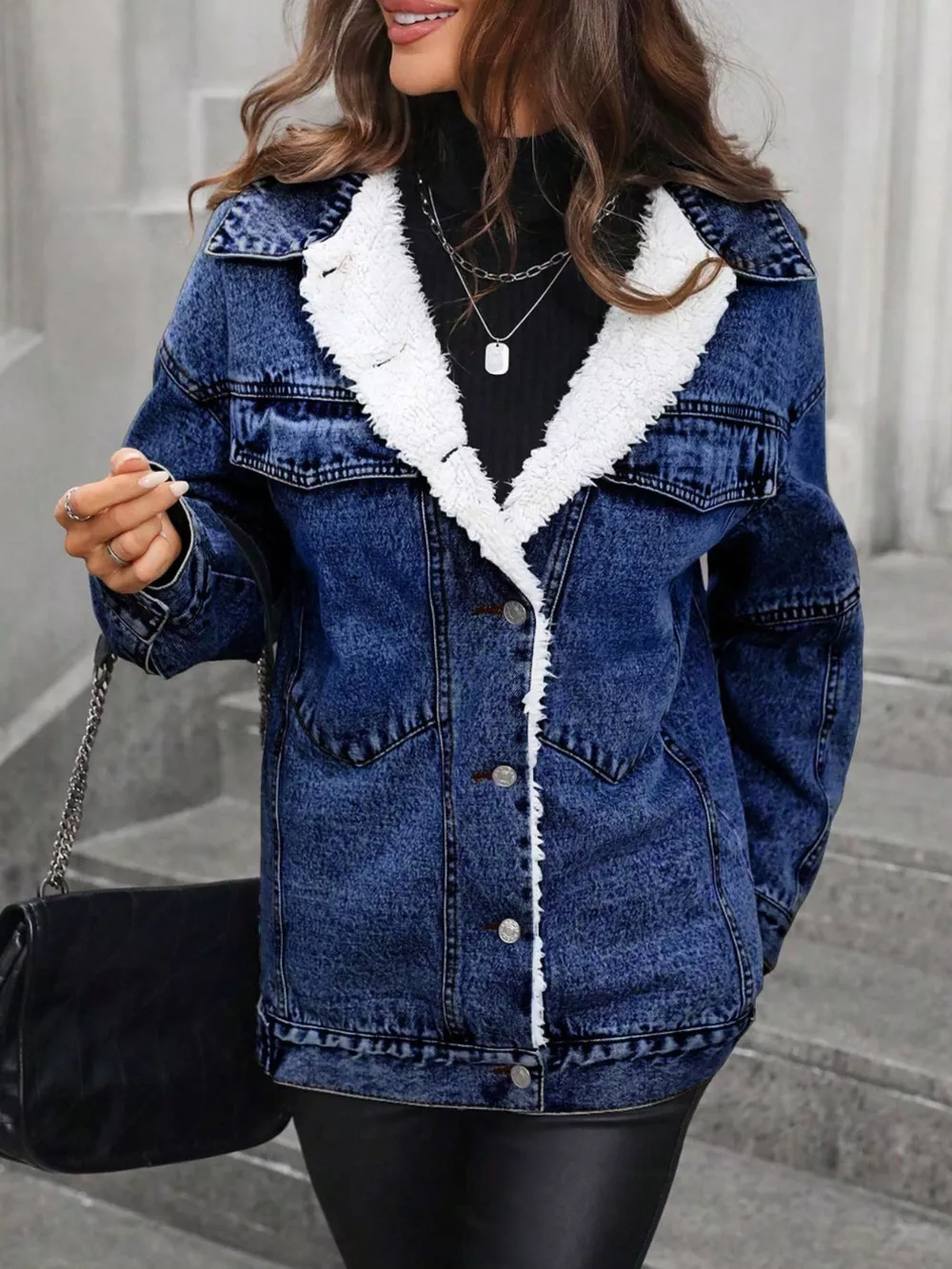 Sherpa-Lined Button Up Denim Jacket, image 4
