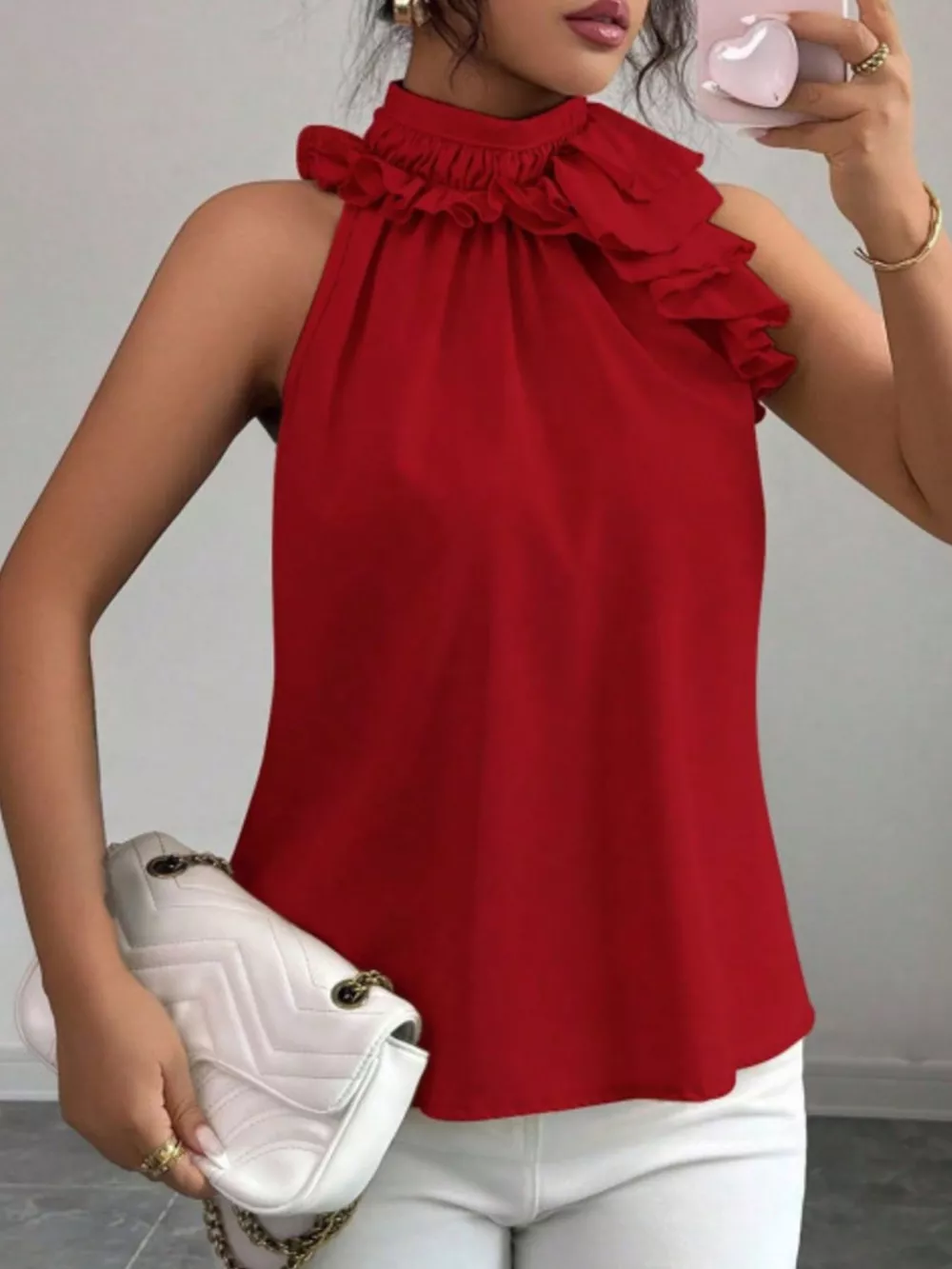 Ruffle High Neck Sleeveless Top, image 3