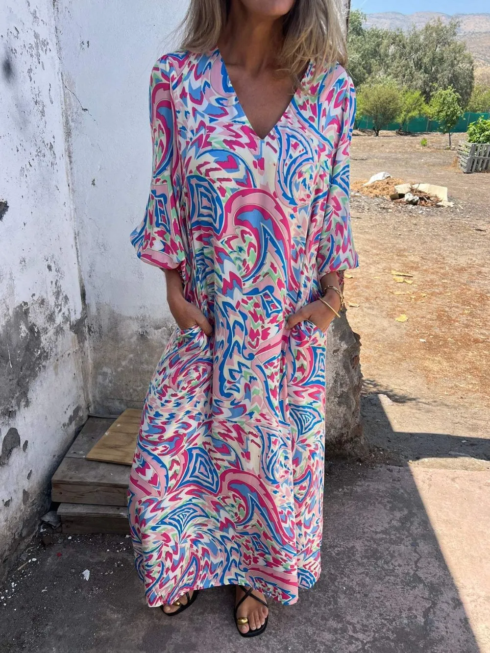 Full Size Printed V-Neck Dress with Pockets Plus Size, image 10