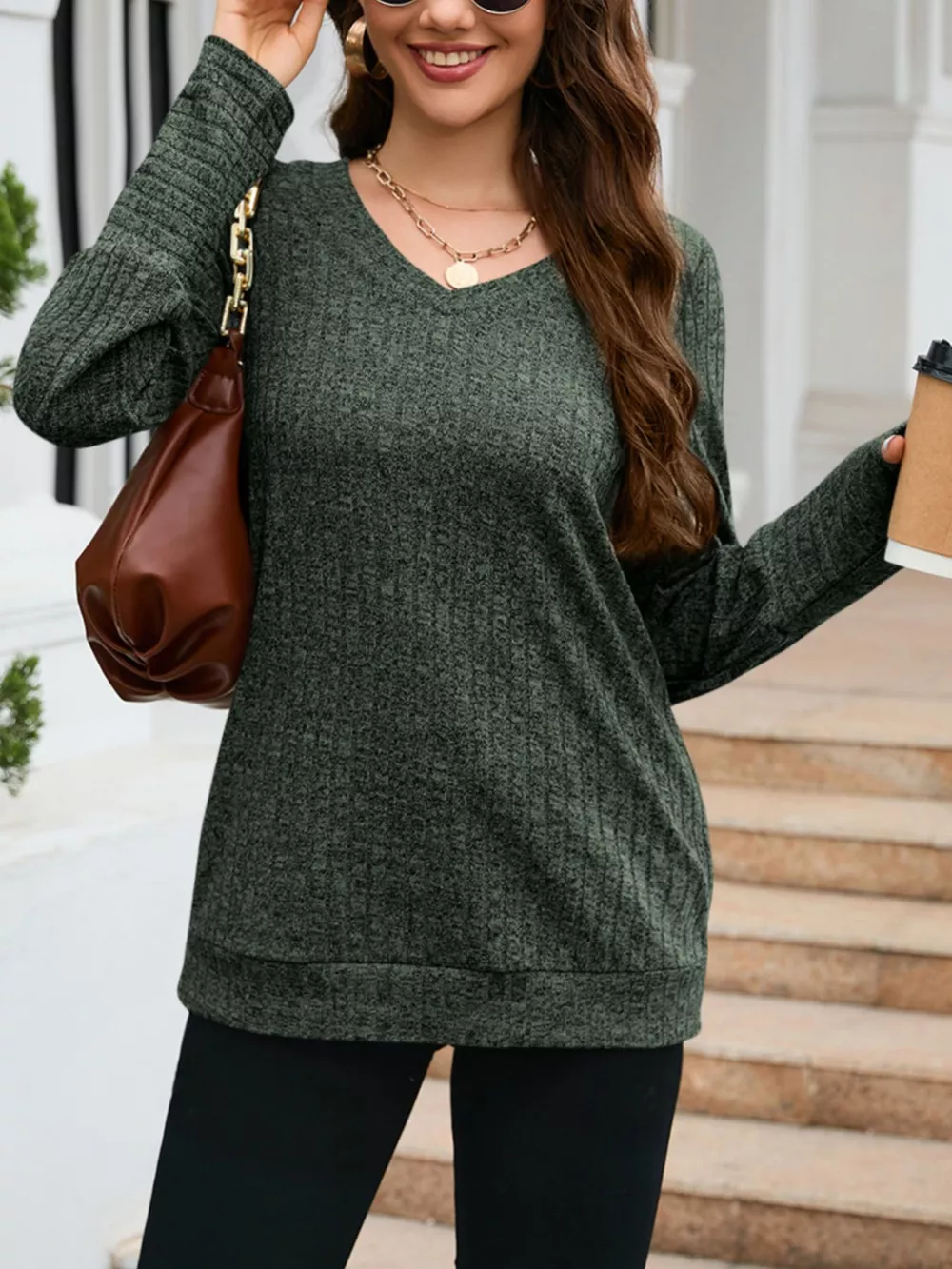 V-Neck Textured Knit Long Sleeve T-Shirt, image 23