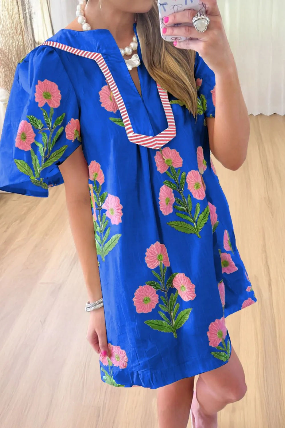 Floral Notched Summer Mini Dress with Striped Trim, image 2