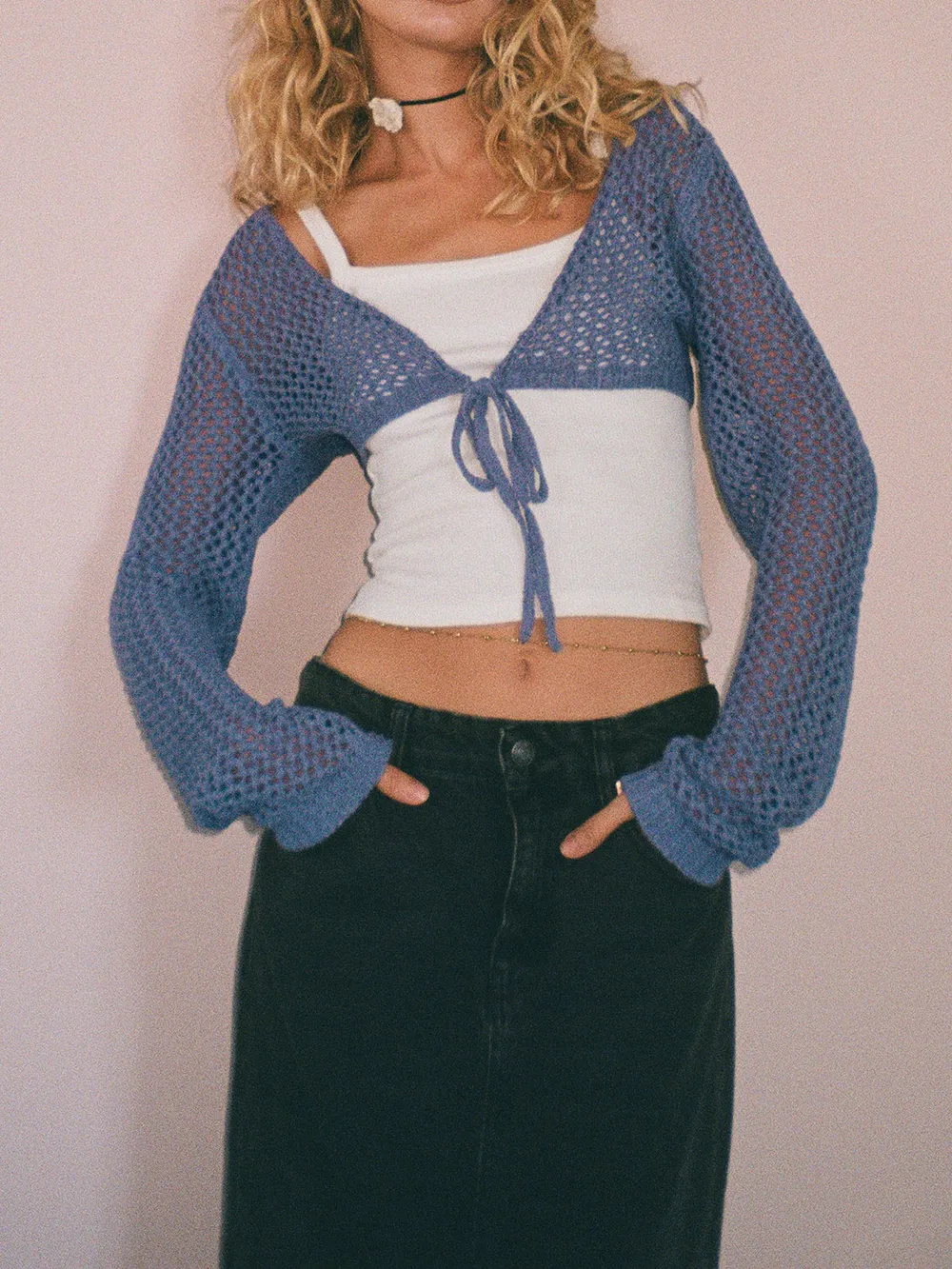 Openwork Tied Dropped Shoulder Cardigan, image 5