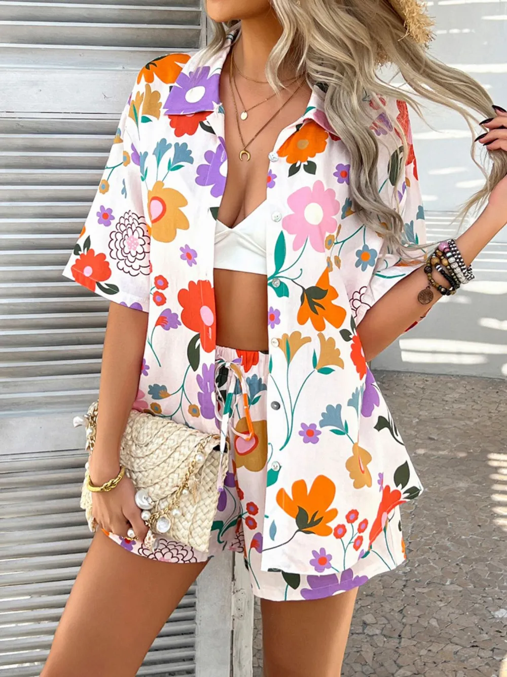 Printed Button Down Shirt and Shorts Set, image 9