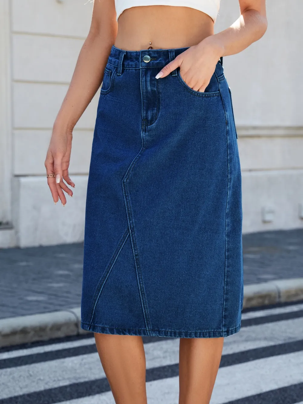 Slit Back Midi Denim Skirt, image 2