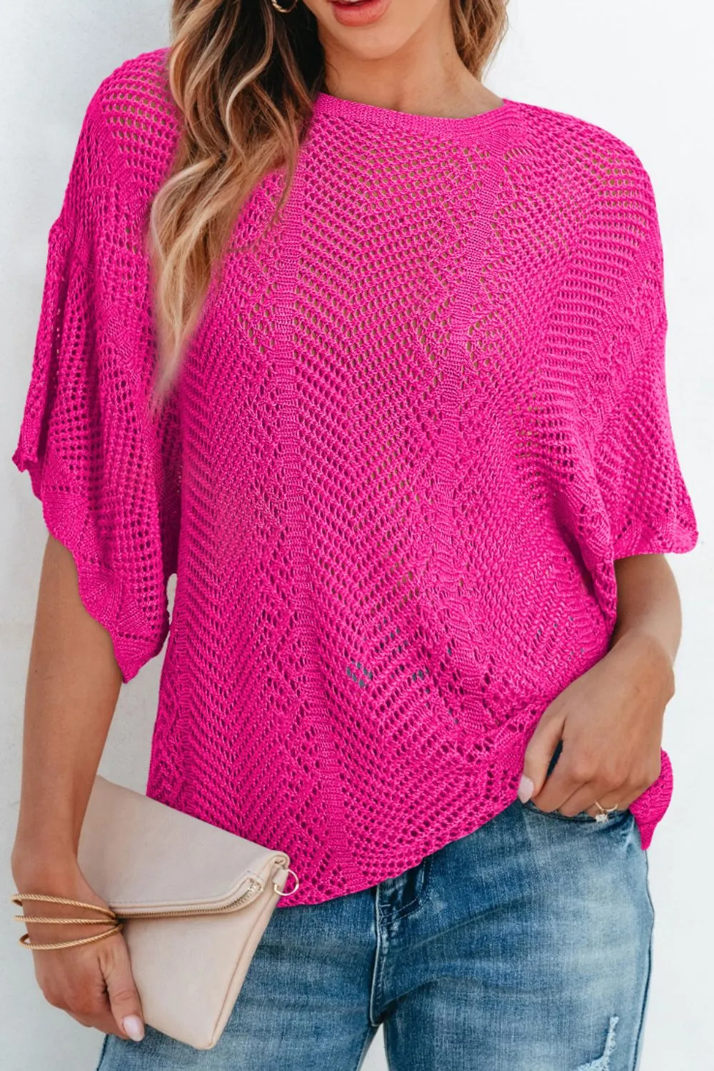 Scallop Edge Half Sleeve Pointelle Knit Top, image 6