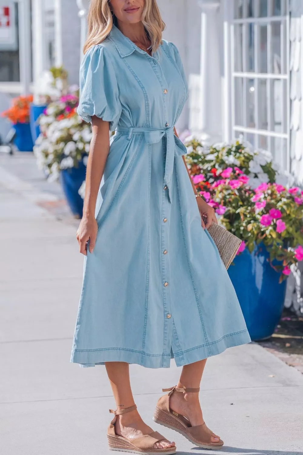 Full Buttons Collared Short Bubble Sleeve Long Denim Dress, image 4