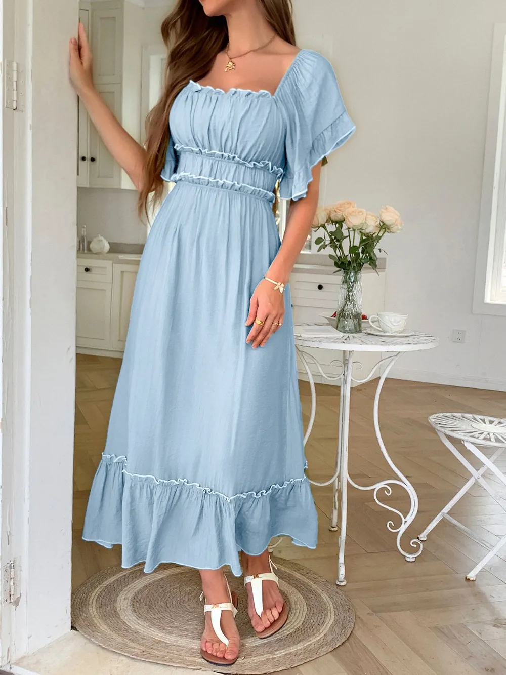 Square Neck Puff Sleeve Ruffle Trim Maxi Dress, image 10